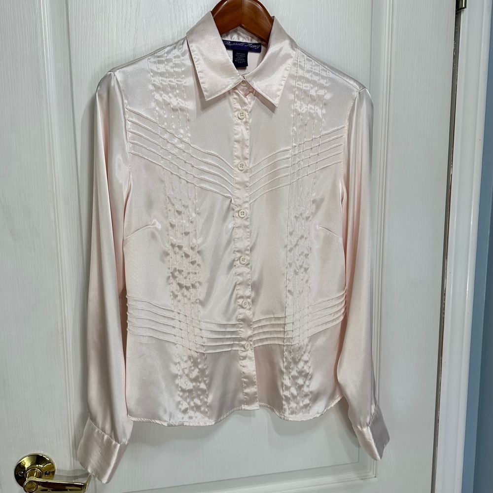 Russell Kemp Silk Blend Satin Pintuck Blouse Pale Pink Long Sleeve Top Size 6
